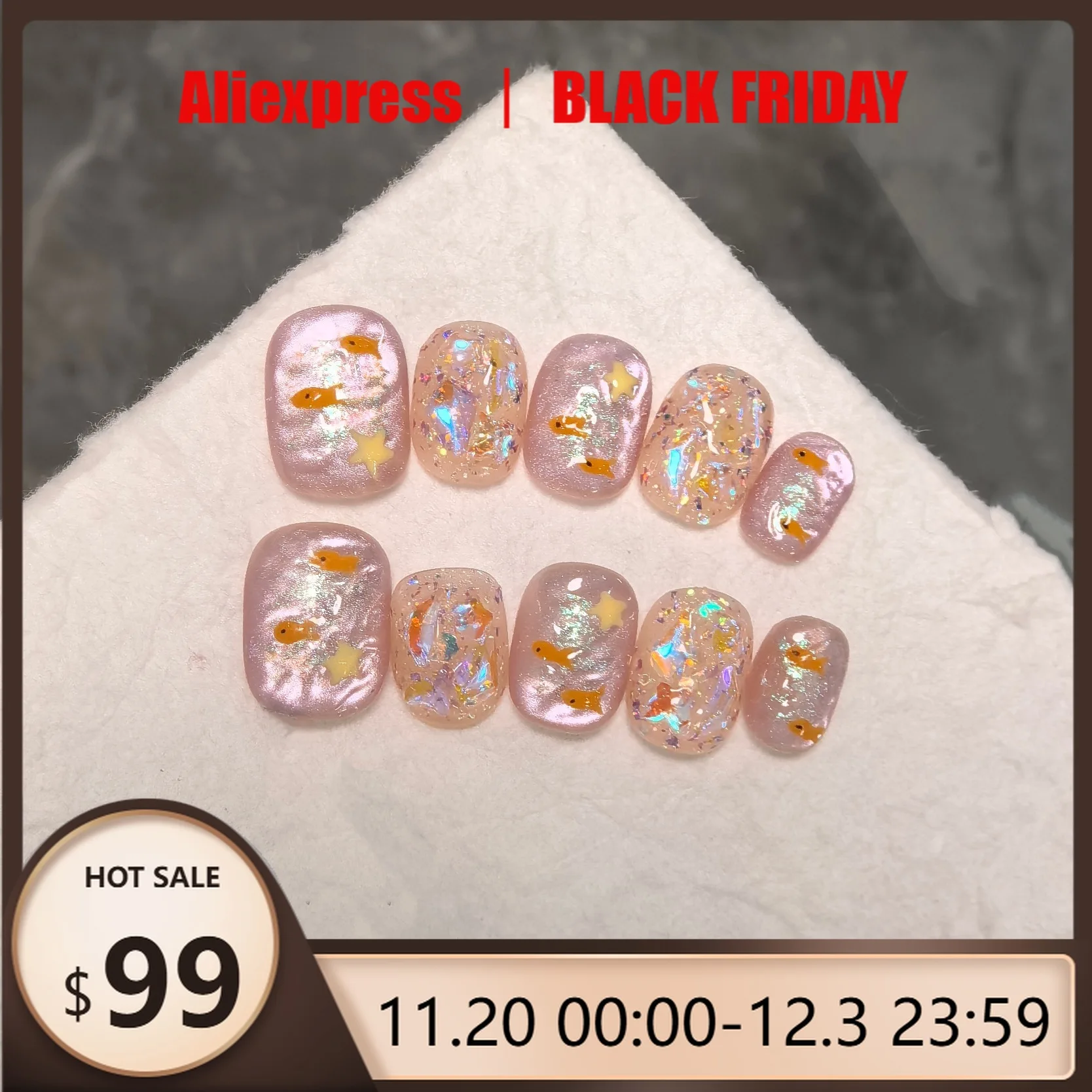 

10 шт., накладные ногти ручной работы, розовый океан, Аврора, кошачий глаз, накладные ногти для женщин и девочек, летние съемные носимые ногти с маленькой рыбкой