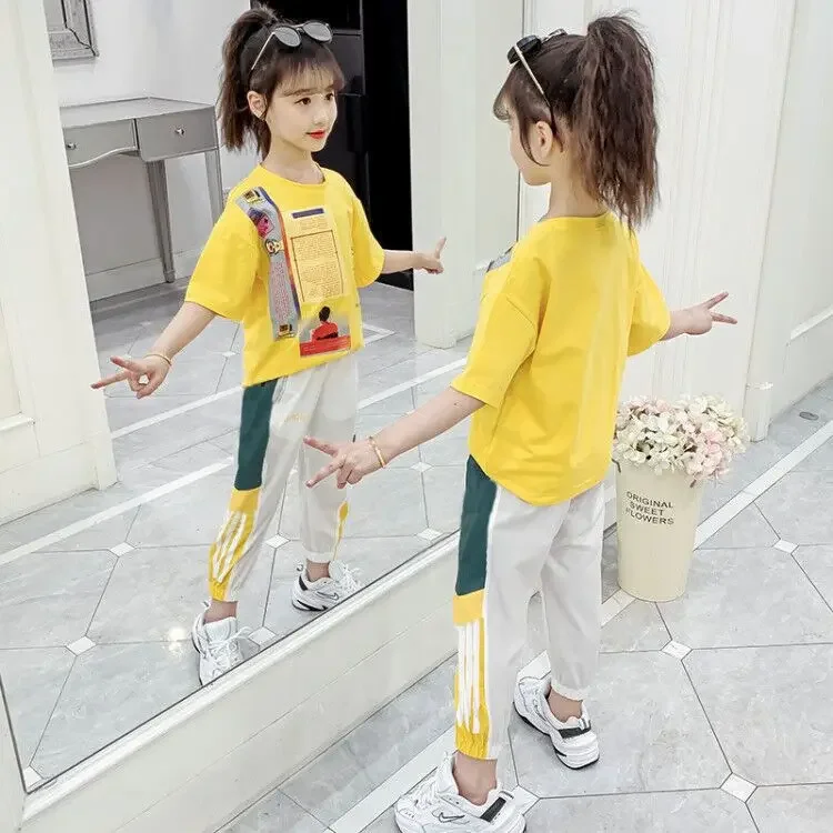 kid baby Girls Clothes Child short Tops t-shirt news paper + striped pants teenager Tracksuit