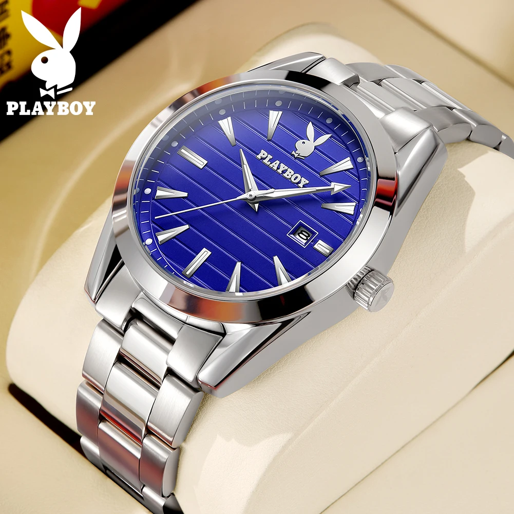 PLAYBOY 3301 Classic Fashion Quartz Movement Watch Night Light Steel Strap Luminous Function Calendar Window Watch For Men