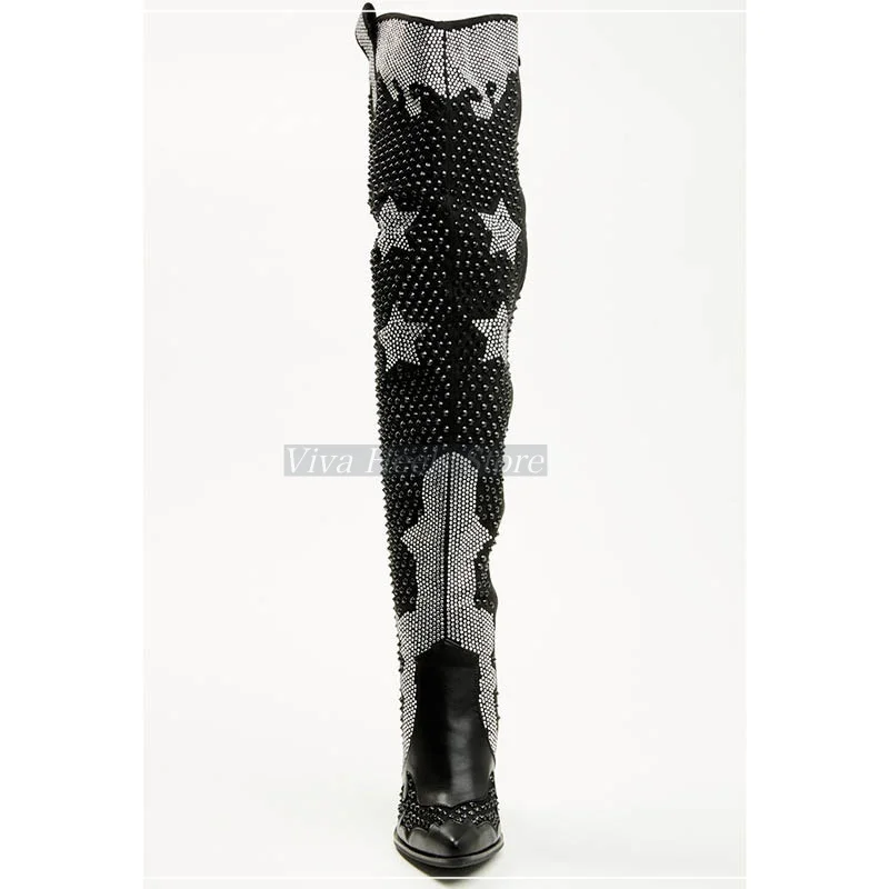 Women's black diamond tassels crystal thigh high boots chunky heel pointy toe leather over knee boot sexy designer party shoes