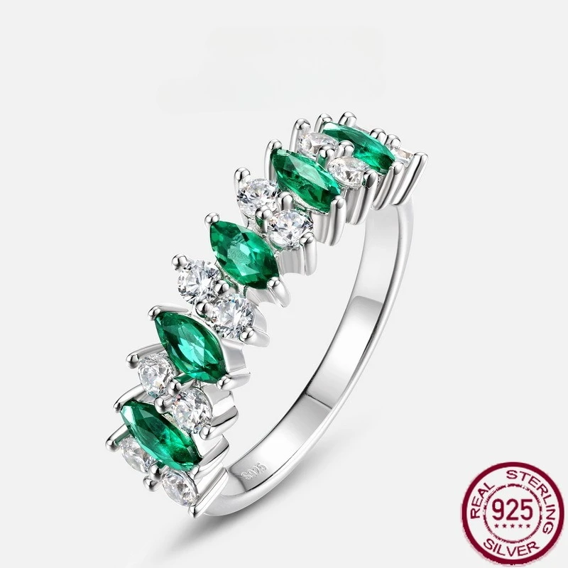 

New S925 pure silver light luxury horse eye cultivation emerald inlaid gemstone ring simple and fashionable wedding jewelry