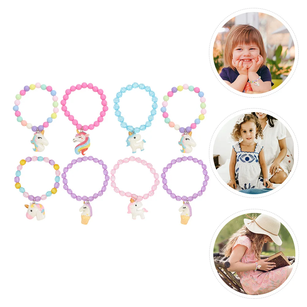 

8Pcs Kids Unicorn Bracelets Candy Color Beaded Acrylic Handmade Style Children Wrist Decoration for Holiday Travel Commemoration