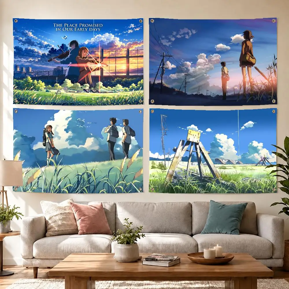 Hot Anime Place Promised Flags Concert Print Wall Hanging Art Banner, Indoor Outdoor Bedroom Home Decor Backdrop, Perfect Gift