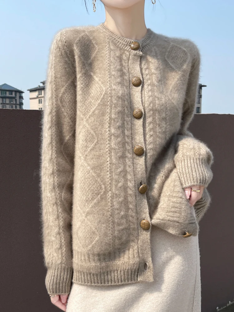 Autumn Winter Women Cable Knit Cardigan Thick Vintage Style Cashmere Sweater 100% Merino Wool Knitwear Korean Fashion Clothing