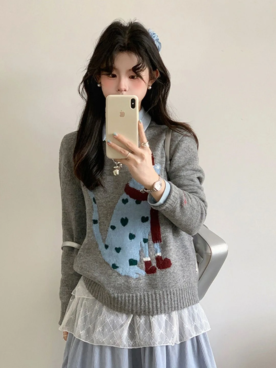 Sweter damski na jesień i zimę 2025, luźny, w stylu koreańskim, casualowy, pulower, bluzka z długim rękawem, dzianinowa koszula.