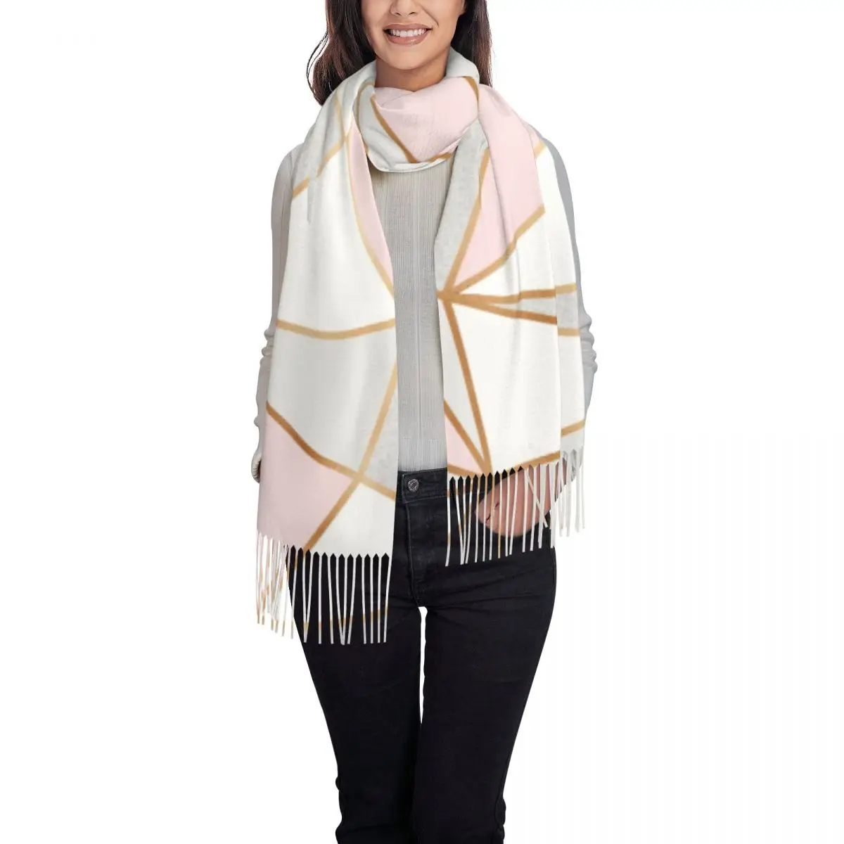 Pink Grey Gold Geometric Abstract Pattern Tassel Scarf Women Soft Geometry Shawls Wraps Ladies Winter Fall Scarves