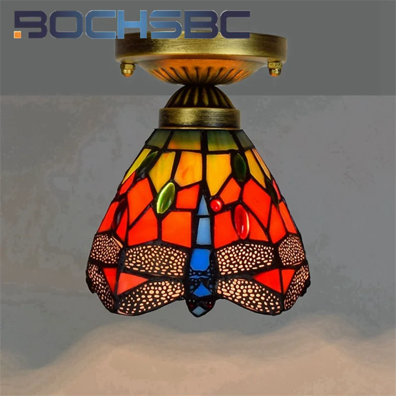 

BOCHSBC Tiffany style stained glass 6inch red Dragonfly Pendant lamp ceiling light for bedroom hallway hallway balcony LED decor