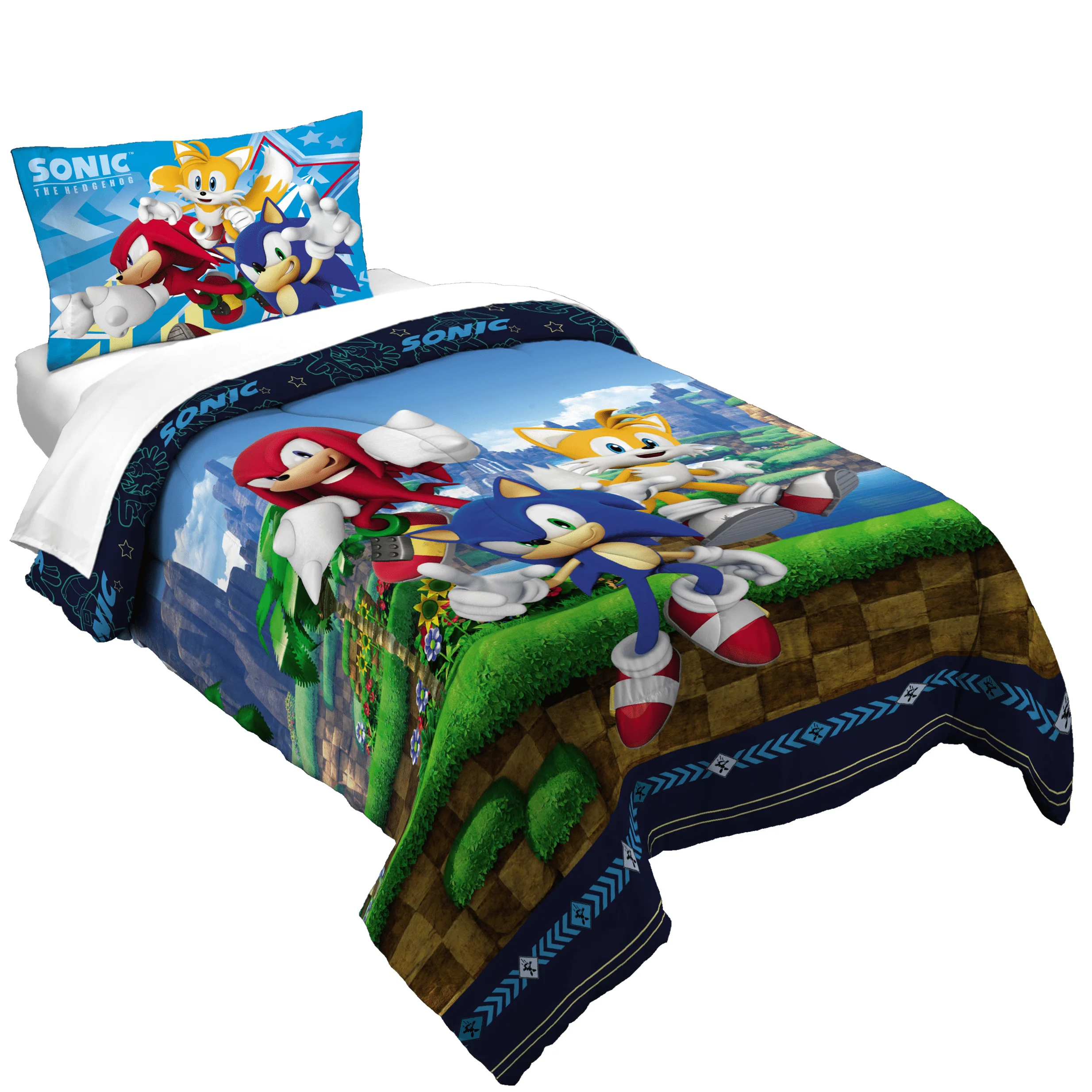 Sonic the Hedgehog Kids Reversible Comforter Set with Pillowcase Twin or Full Size Blue Green Design