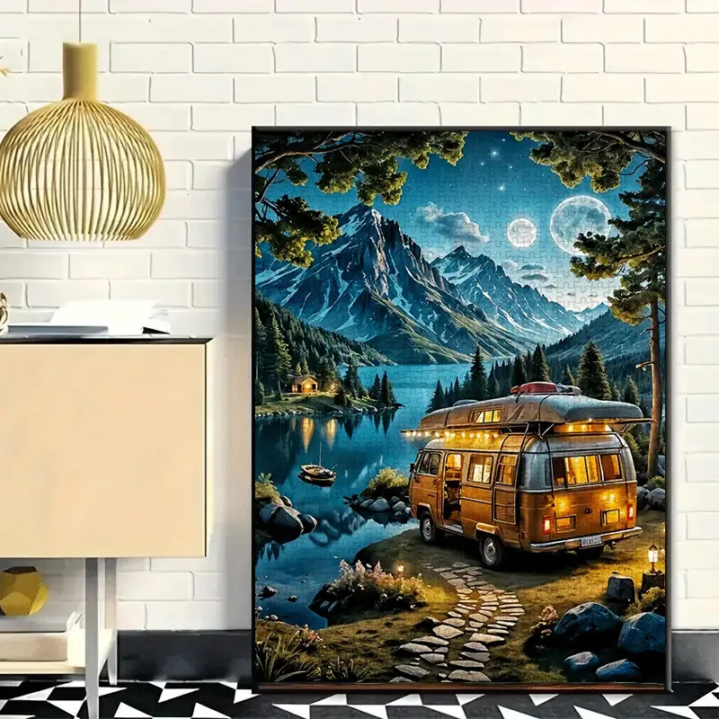 1000pcs Large Jigsaw Puzzle - Vintage Camper, Lake, Mountains, and Cabin Night Scene - Challenging Adult Puzzle, 1000pcs, Dura