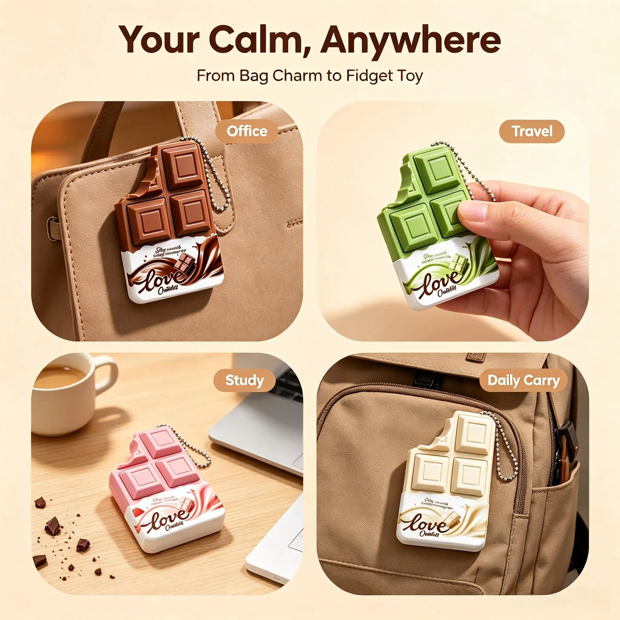 Chocolate Fidget Clicker Keychain Mini Stress Relief Sensory Toy Creative Bag Charm Keyring Anti‑Anxiety Pocket Ornament Gift