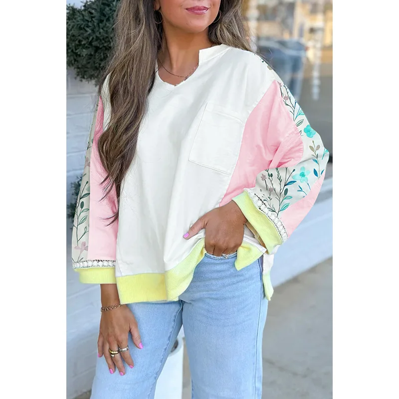 

Autumn New V-neck Long Sleeved Top for Women, European and American Fresh Style Printed Pullover Hoodie for Women