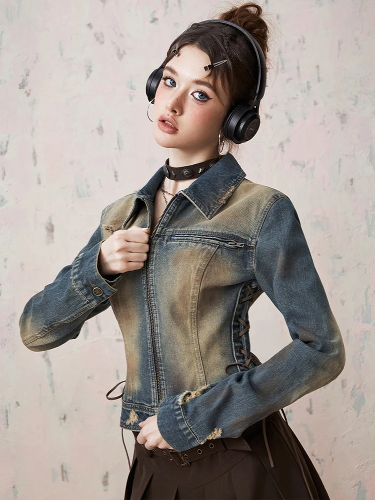 Retro Washed Distressed Suede Strap Denim Jacket for Women's 2024 Spring New Slim Fit and Slimming Top