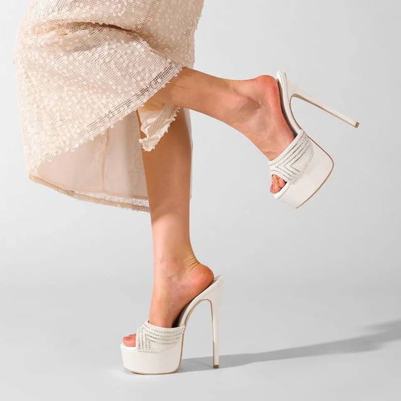 Open Toe Platform  Sandals Stiletto Mules Satin Upper PU Lining Rubber Sole Pearl Minimalist Women Summer Wedding Slide F152