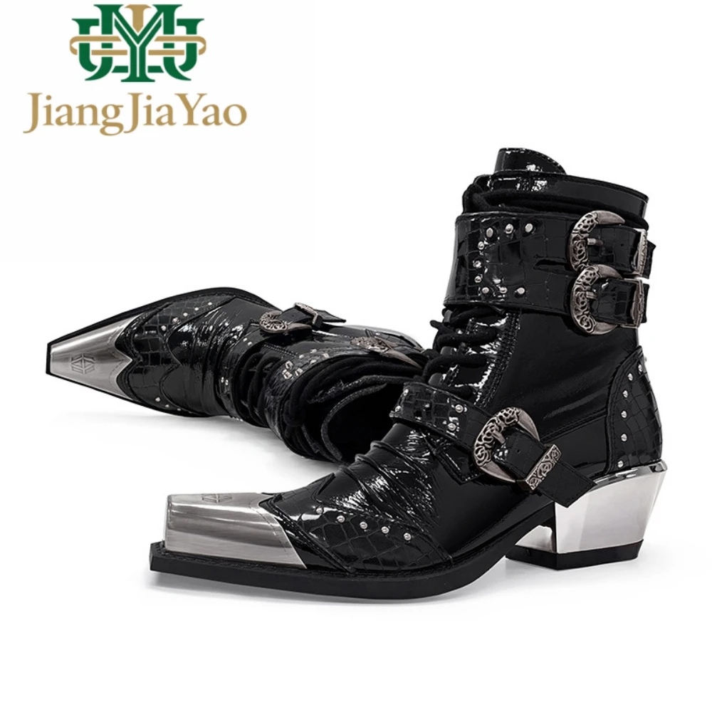 

Spanish Trendy Couples Metal Square Toe Motorcycle Boots Women Man Punk Studded Boots Unisex Height Increasing Short Boots