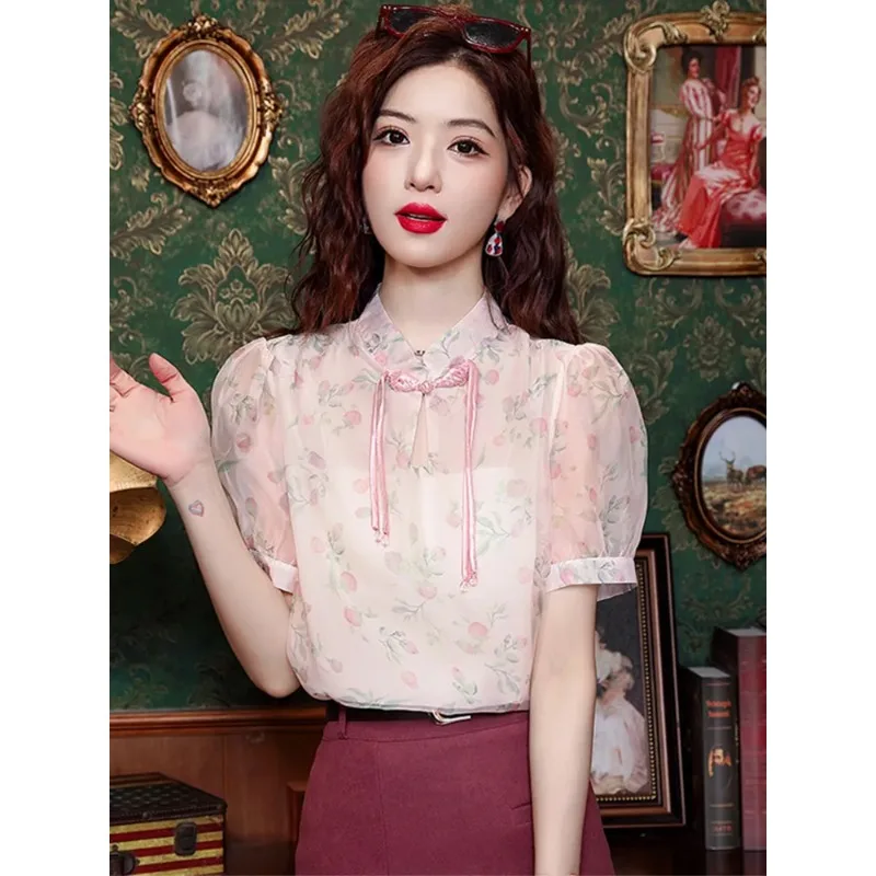 

Китайская ретро-блузка с пуговицами-лягушками и цветочным принтом из шифона, с короткими рукавами-фонариками, элегантная повседневная летняя женская блузка