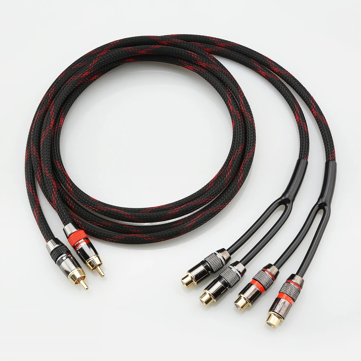 Pair RCA Male to 2 RCA Female HiFi Y Splitter Interconnect Cable Gold‑Plate Connector Red‑Black Braided Audio Cord for Amplifier