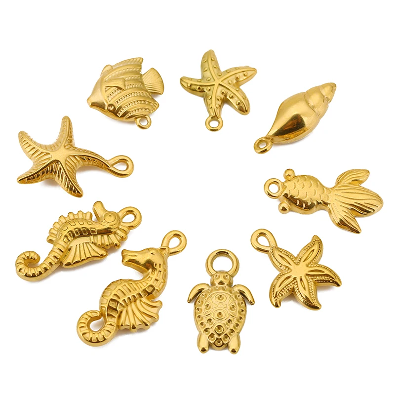 3pcs Stainless Steel Ocean Theme Pendant Seahorse Starfish Conch Tortle Goldfish Charms for DIY Necklace Earrings Jewelry Making - Detail 1