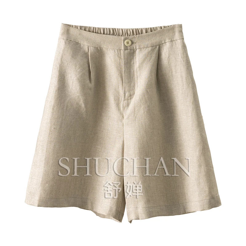 

2025 High Luxury Relaxation Light Flash Silver Silk Linen Elastic Waist Medium/shorts New Women 40C4
