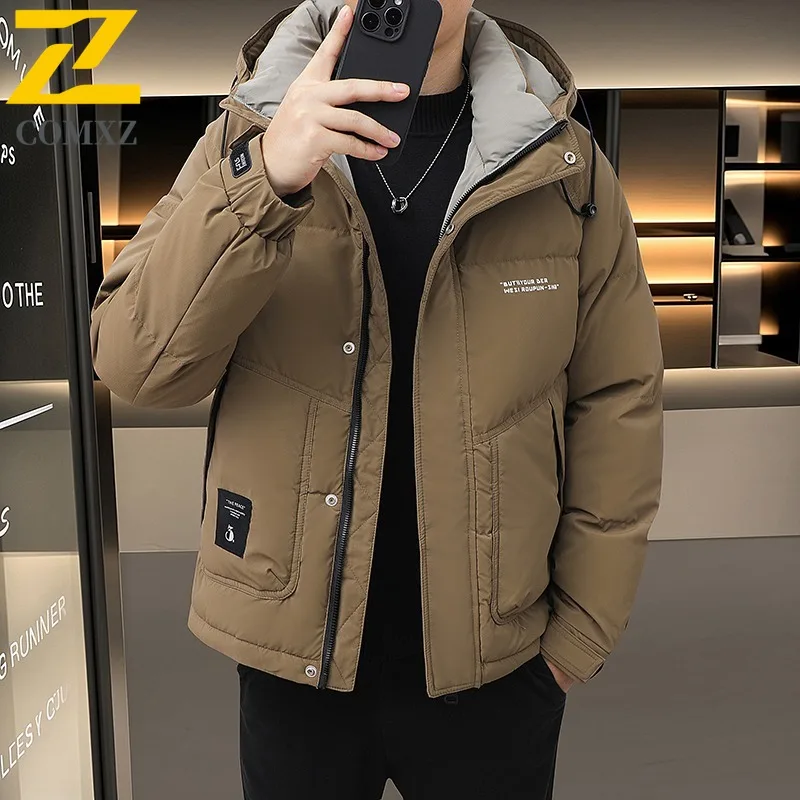 

COMXZ Мужская стеганая куртка 2025 Утолщенная офисная теплая парка для поездок на работу Повседневная куртка с капюшоном для путешествий на открытом воздухе Морозостойкие зимние куртки