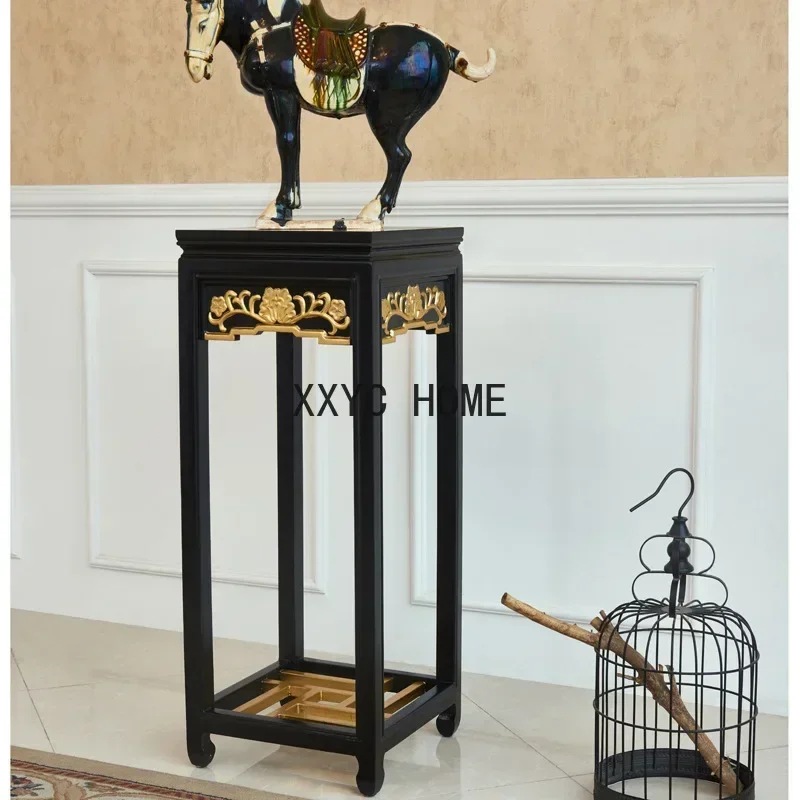 Wood Carving Gold-Painted Decoration High-Leg Flower Stand, Living Room Storage Rack, Indoor Bonsai Stand