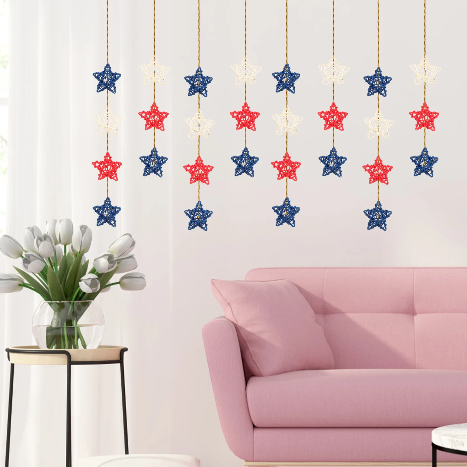 

24 Pcs Rattan Star naments 6cm White Red Blue DIY Decorative Balls Patriotic Accessories Independence Day Supplies