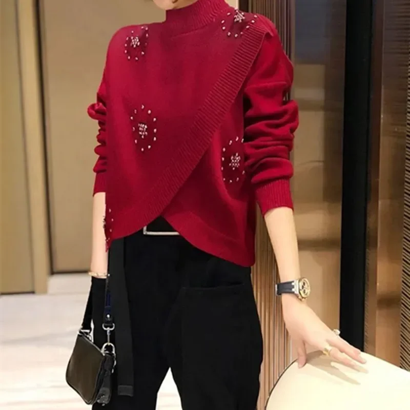 New Casual Knitted Sweater Women Vintage Autumn Beading Long Sleeve Cashmere Jumper Elegant Office Lady Fashion Pullover Tops