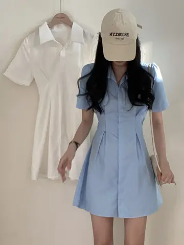여름 드레스 여름 셔츠 스타일 A라인 반소매 후드 디자인 접힌 소매 드레스 원피스 드레스 원피스 셔츠 스타일 A라인 반소매 드레스