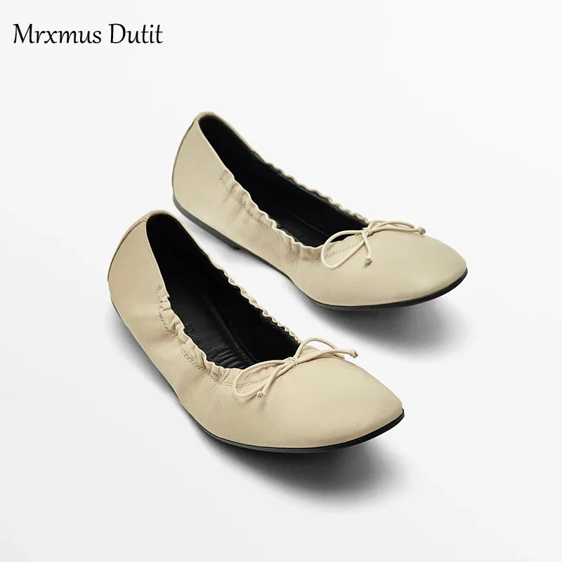 Mrxmus Dutit Fashionable Leather Square Toe Shallow Cut Flat Shoes 2024 Summer New Brown Retro Pleated Details Flat Ballet Shoes