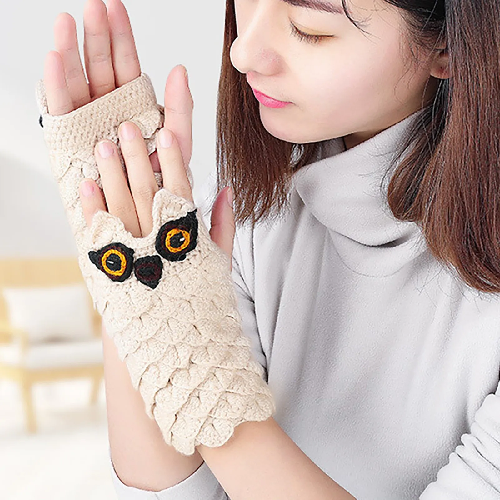 Autumn Winter Women'S Short Gloves Ripped Embroidered Owl Knitted Wool Sleeves Warm Mittens Fingerless Vantage Winter Warmers