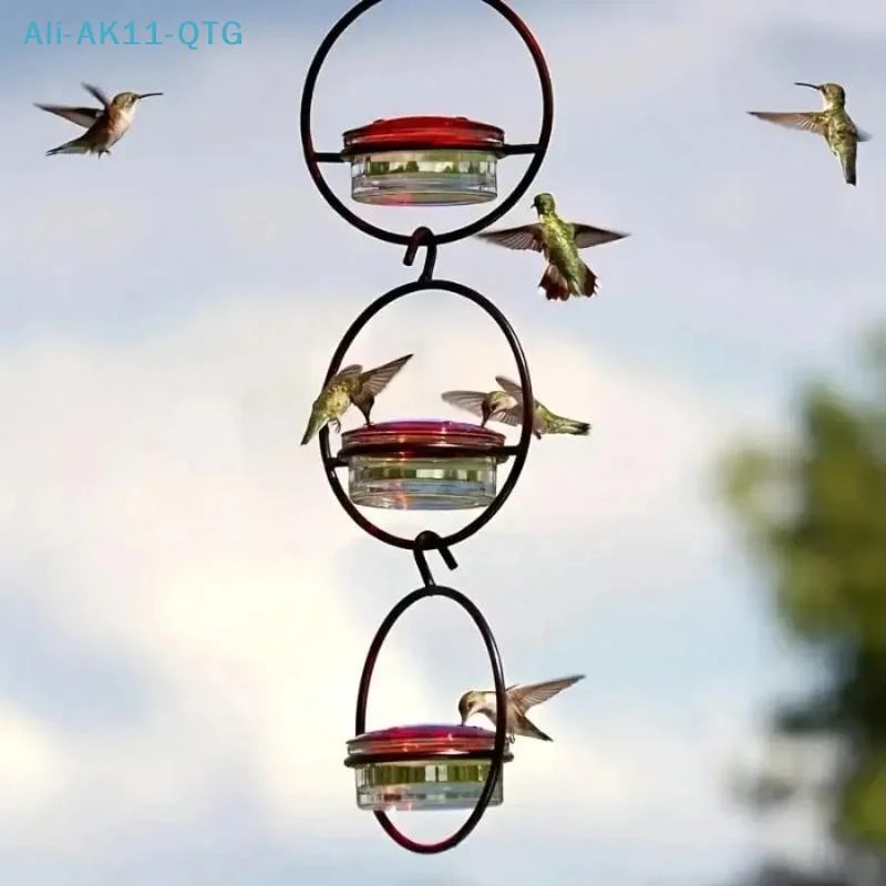 New 1pcs Metal Hanging Hummingbird Feeder With Red Glass Bottles, Transparent Design & Perches - No Electricity/Battery Needed