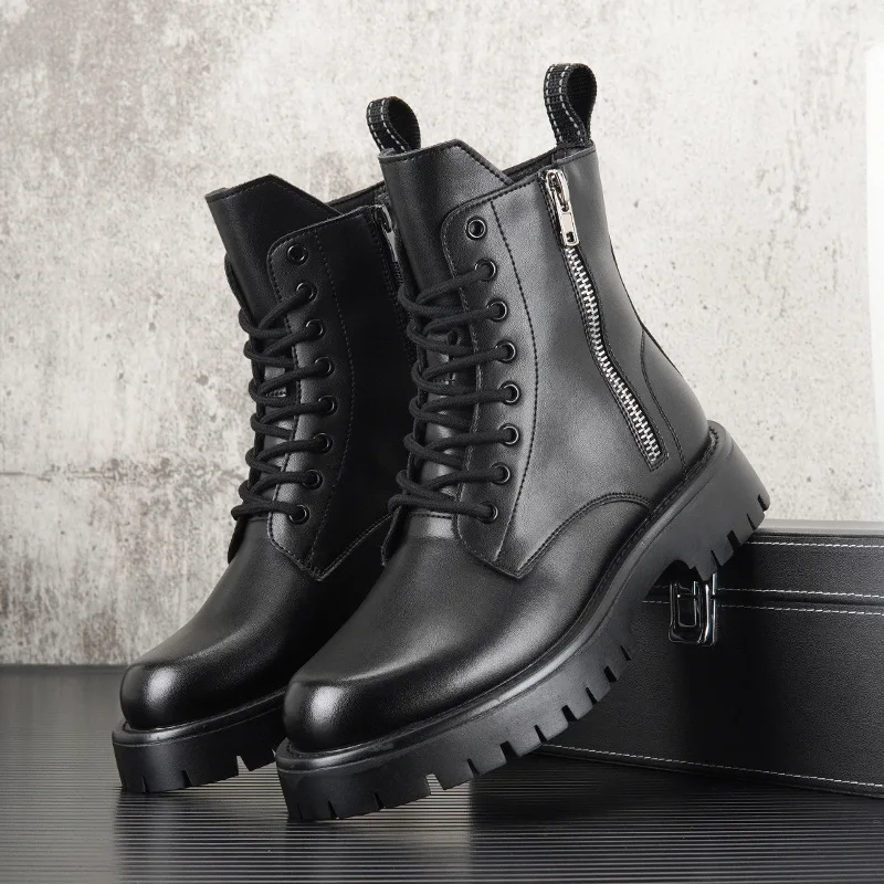 England style men fashion stage nightclub motorcycle boots black white shoes high top platform boot natural leather botas hombre