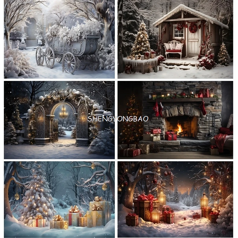 Wreath Christmas Eve Festival Decoration Living Room Photography Backdrops New Year Holiday Fireplace Party Background JS-10