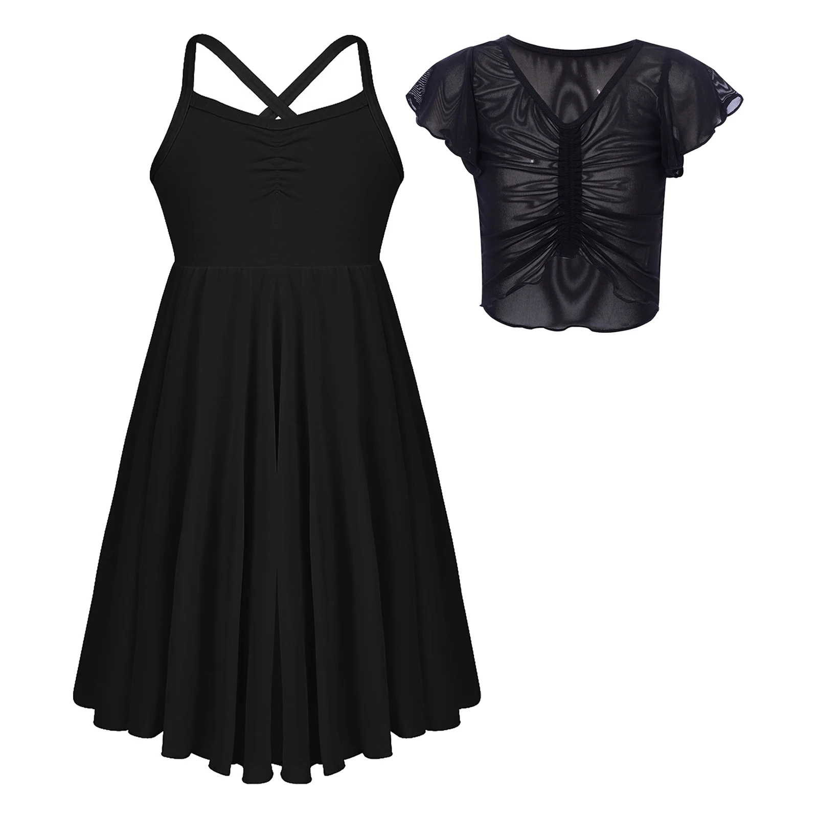 

Kids Girls Lyrical Modern Dance Outfit Spaghetti Strap Chiffon Dress with Ruffled Sleeves Sheer Mesh Crop Top Ballet Dancewear
