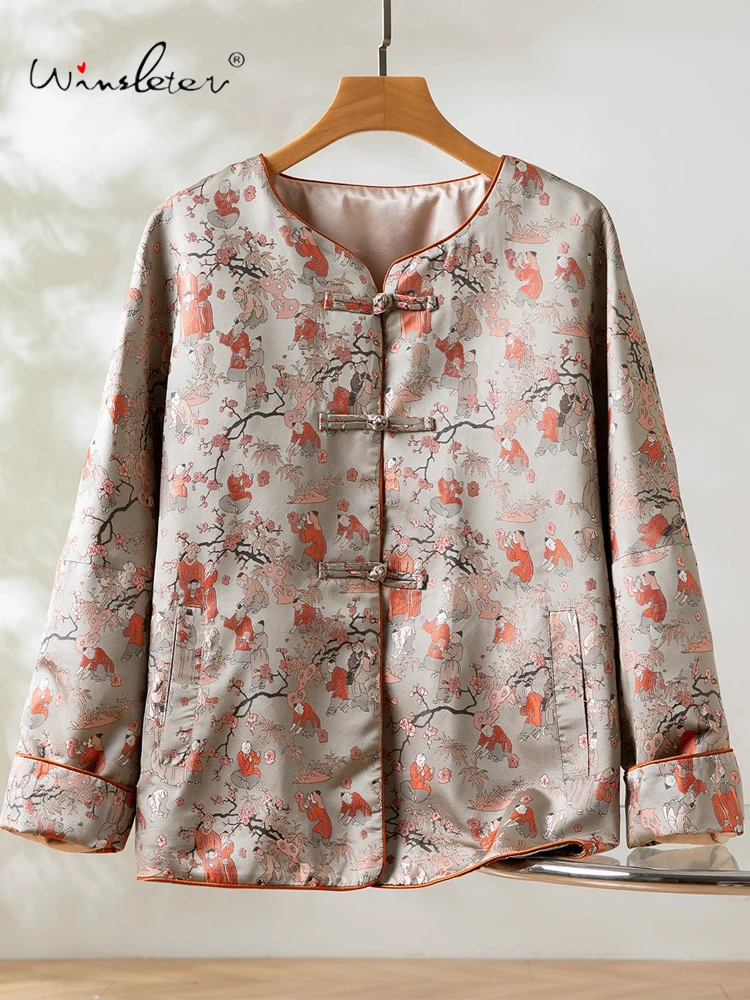 

Winsleter-100%Real Silk Song Brocade Elegant Coat, O Neck Pocket Buttons, Women Temperament Loose Coat, 2025 Winter New C5D467CC