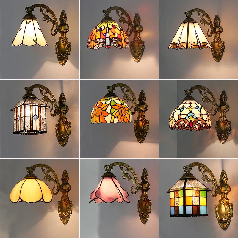 

Stained Glass LED Wall Lamp Vintage Mediterranean Baroque Lampshade Bedside Wall Light Aisle Corridor Balcony Sconce Lighting