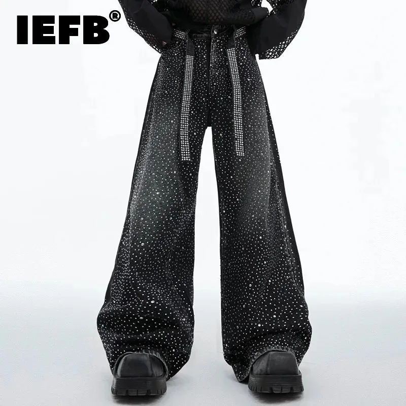 IEFB High Street Men Denim Pants Hot Diamond Ribbon Washed Vintage Trousers Straight Wide Leg Male Jeans Stylish Autumn 24E2100