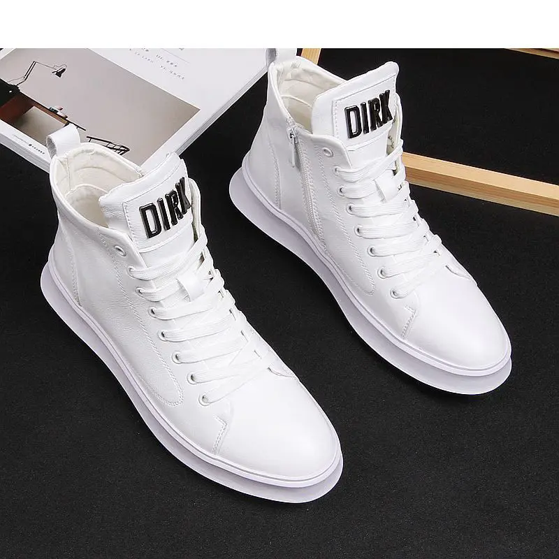 Spring Fashion High-Top Shoes Men\'s Versatile Casual Board Thick Bottom Hidden Heel White Shoes  mens leather shoes