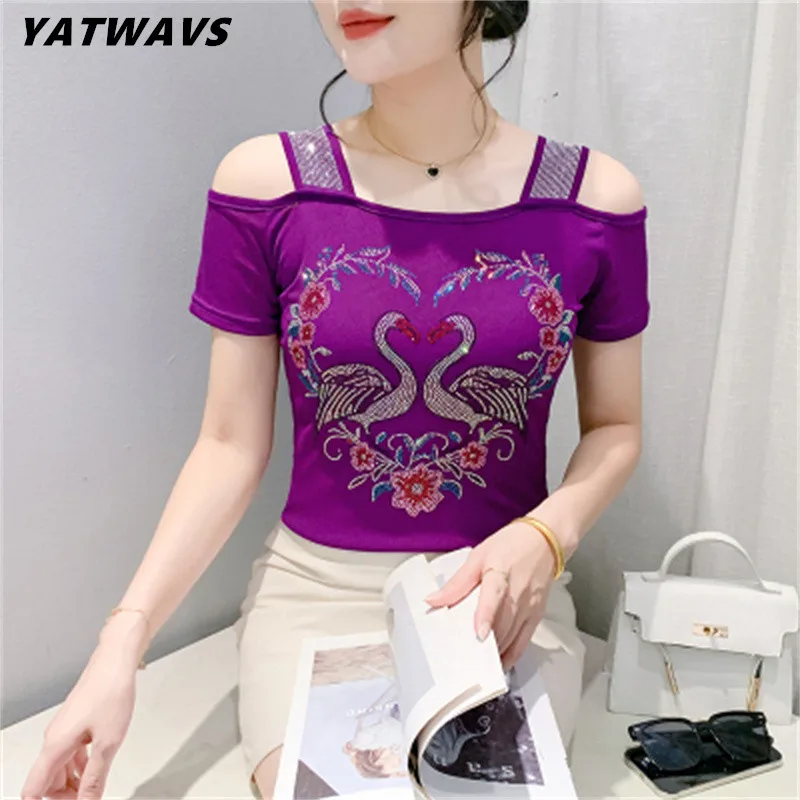 High-End benutzer definierte Sommer europäische Damen Kleidung T-Shirt schicke Herz Blumen glänzende Diamanten Frauen Tops sexy schulter freie schlanke T-Shirts