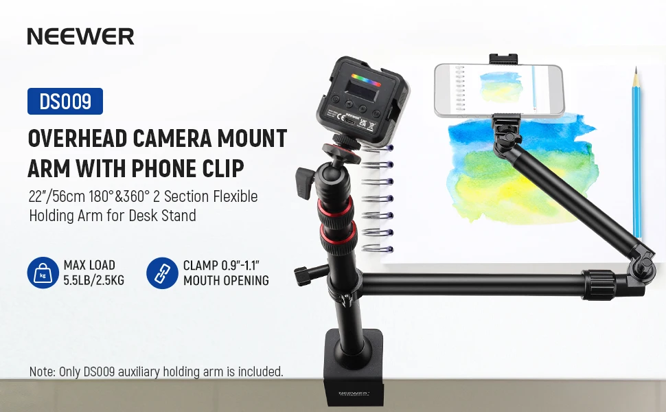 NEEWER Overhead-Kamerahalterungsarm mit Telefonclip 180 ° &360 ° 2-teiliger flexibler Haltearm für Schreibtischständer für Kamera-LED-Licht – Detail 1