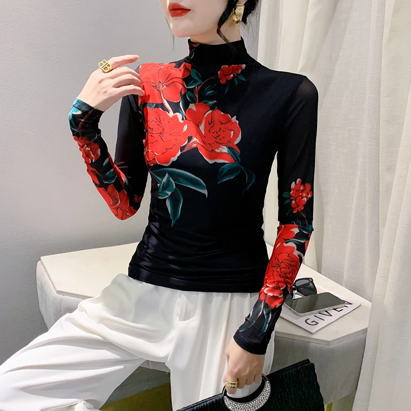 

2023 New Fall Winter Korean Clothes Location Flower T-Shirt Sexy Turtleneck Print Women Tops Long Sleeve Pullover Hot Tees 39268