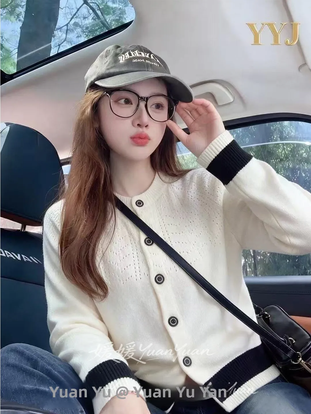 Color Block round Neck Hollow out Knitted Short Cardigan Women's Slim Fit Style Soft Polyester Fiber Long Sleeve Princess Sleeve