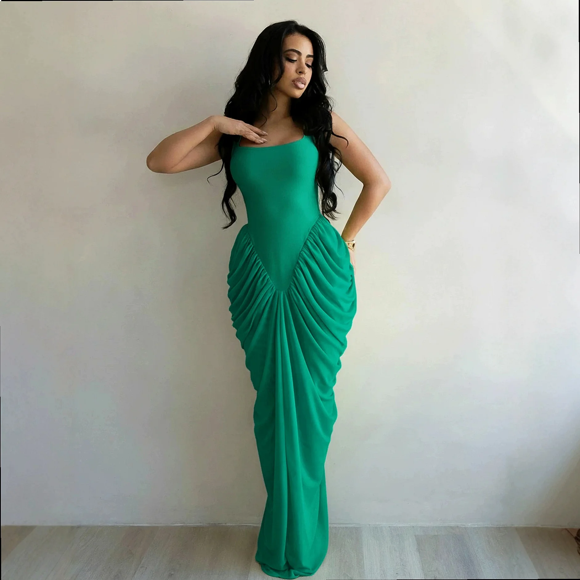 Sexy Sleeveless Long Dress Bodycon Chiffon Pleated Wrap Evening Dress Spring Summer Party Formal Matching Set