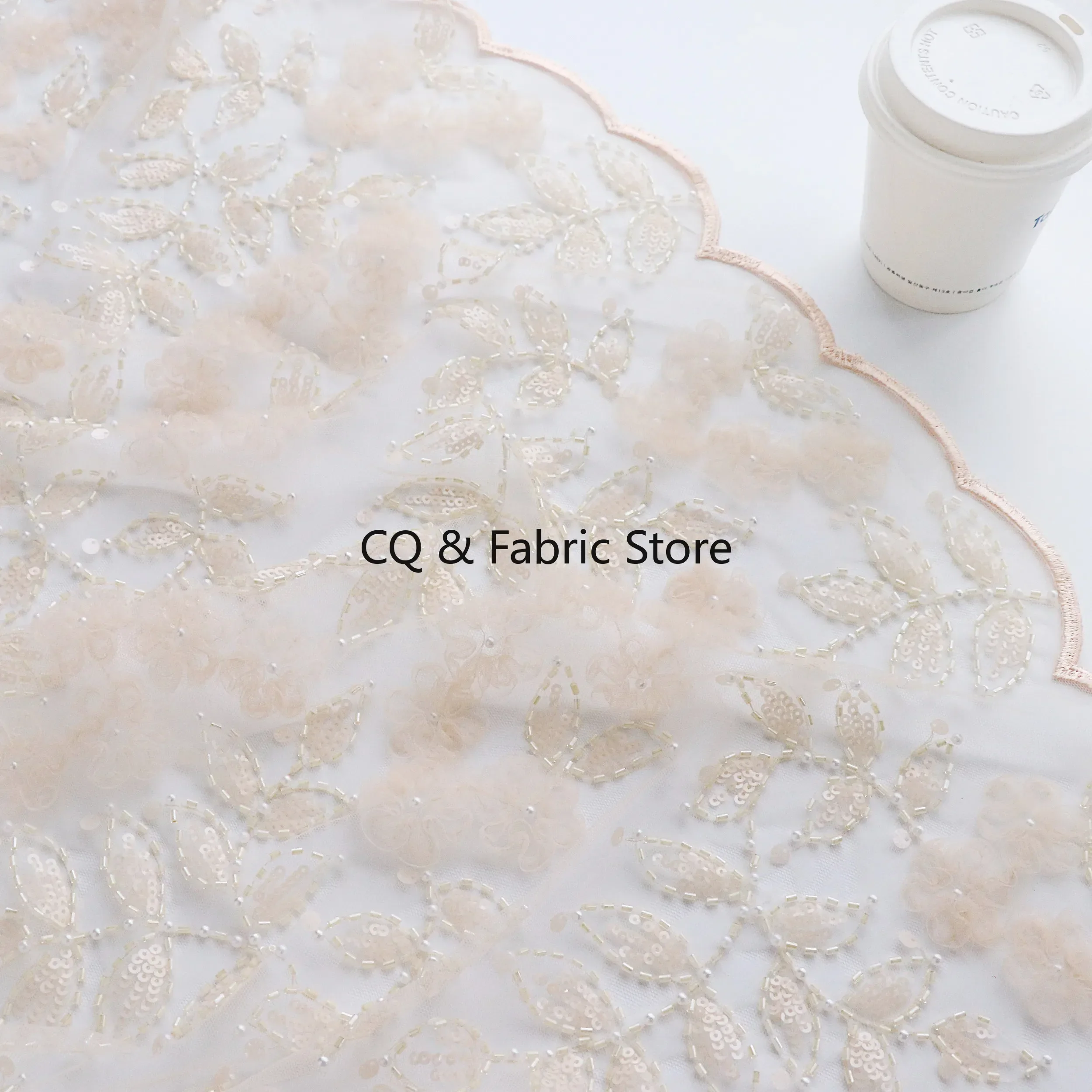 Apricot Pink Mesh Embroidered Beaded Flower Lace Fabric Custom Wedding Dress Cheongsam Skirt Designer High-End Fabric