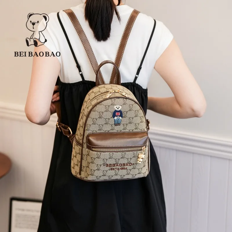 Beibaobao Fashion Small Backpack 2024 Summer New Bear Pattern Women\'s Bag Outdoor Travel Bag Leisure Versatile Backpack Knapsack