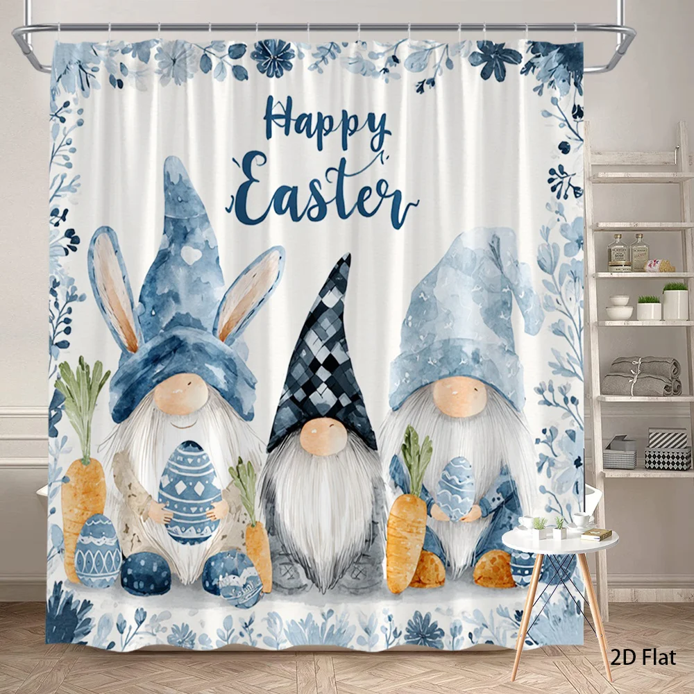 

Happy Easter Gnome Shower Curtain – Blue Watercolor Floral, 12 Hooks, Cute Carrot & Egg Design, Festive Bathroom Decor
