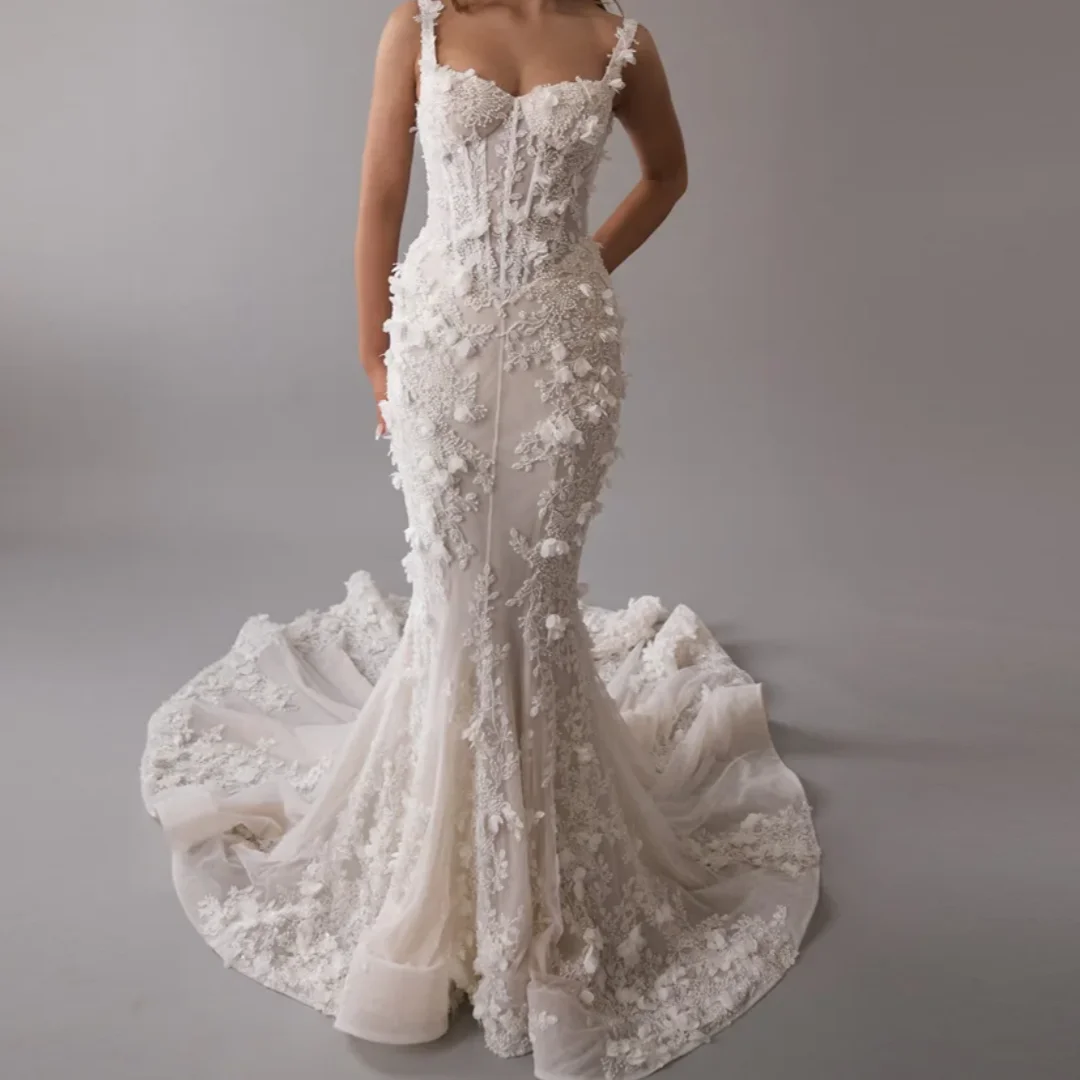 

Elegant Sweetheart Sleeveless Lace Beaded Flowers Sexy Mermaid Vintage Wedding Dresses Bridal Gown Custom Made