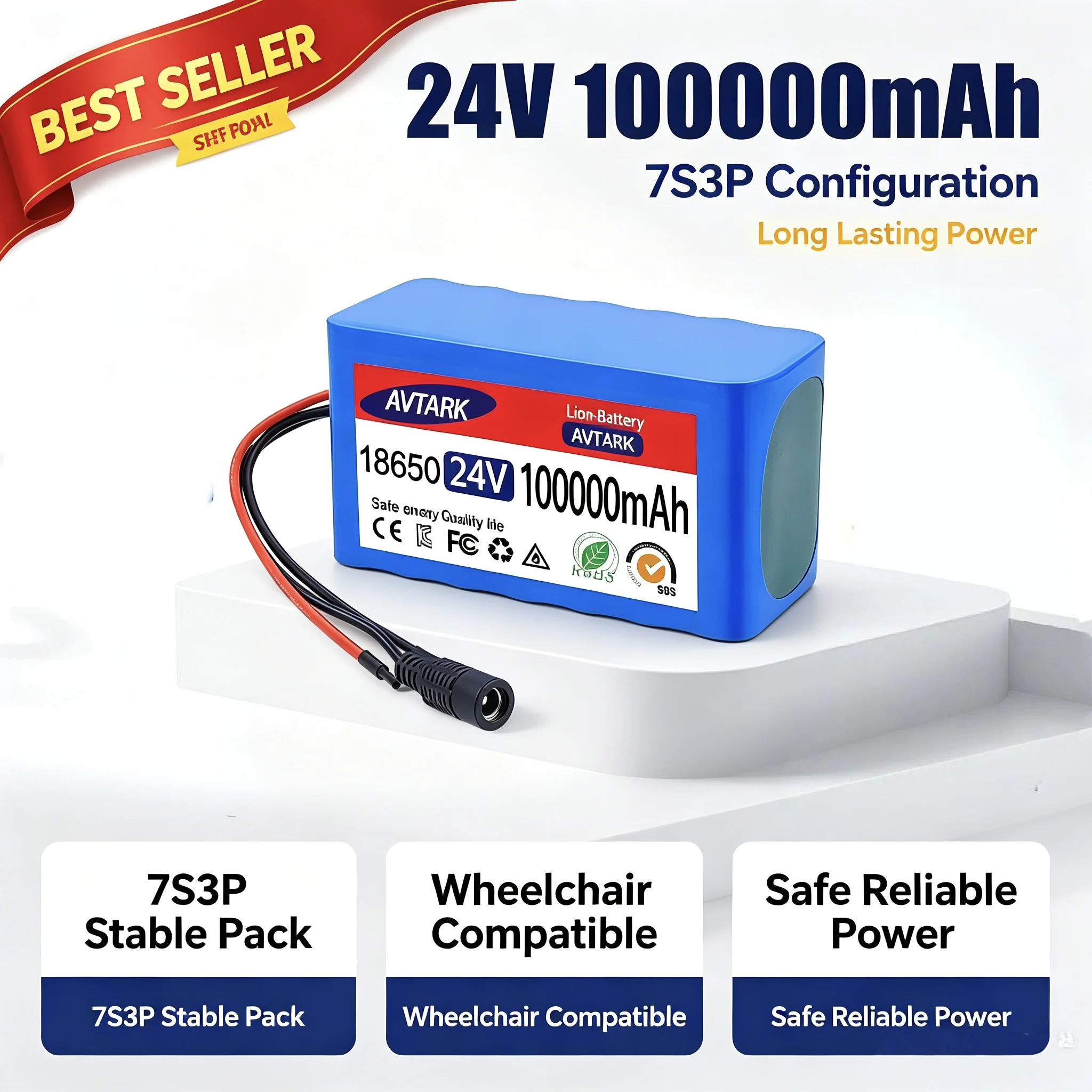 7S3P 18650 24V Rechargeable Lithium Battery Pack 29.4V Full Voltage 100Ah +2A Charger Fit Electric Wheelchair Mobility Scooter