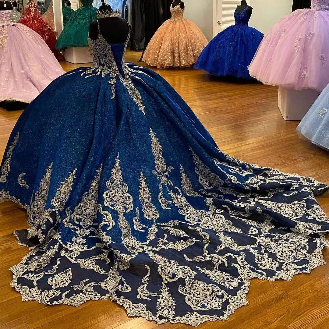 ANGELSBRIDEP-Vestidos De quinceañera azules, vestido De baile para niña De 16 años, apliques De cuentas con lentejuelas, tren De barrido, Vestidos De 15 Años