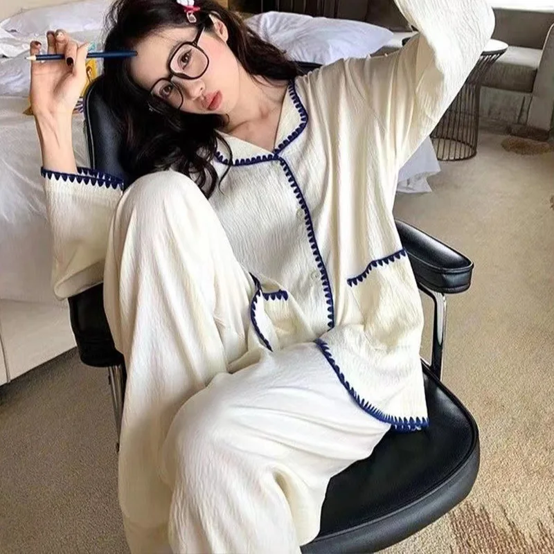 Damen Langarm-Hosen-Pyjama Frühling Herbst Mädchen Studenten-Outfit zum Ausgehen Damen Lässige Homewear Locker Sitzende Hauskleidung für Damen