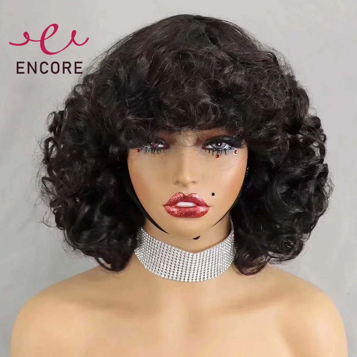 

200% Density Short Natural Bouncy Curly Human Hair Wigs with Bangs Machine Made Curly Bob Wig with Baby Hair for Black Women